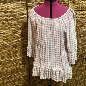 EUC Zac & Rachel cream tan Gingham Plaid Cottagecore boho Blouse Top L